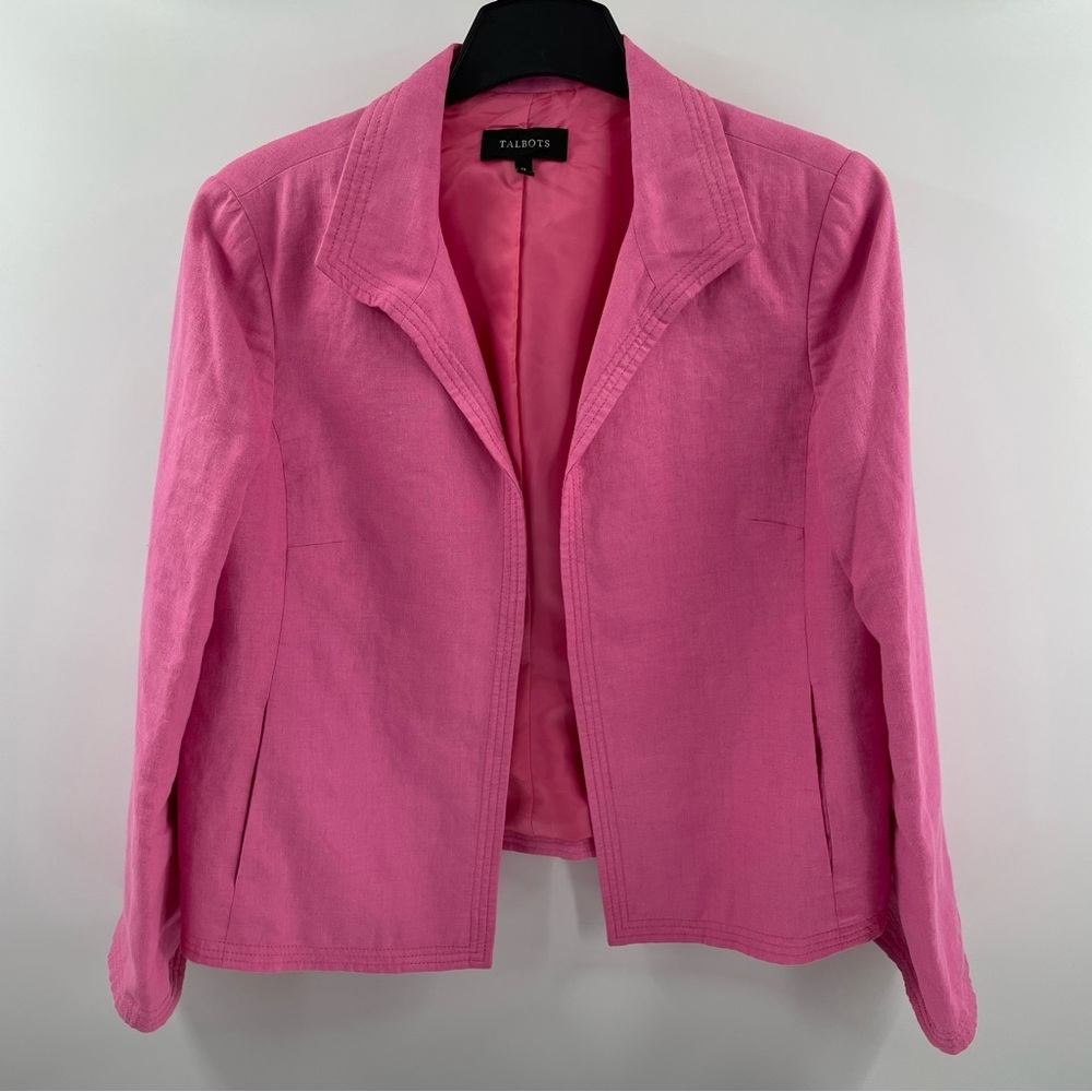 Talbots Flamingo Pink Linen Long Sleeve Lined Pockets Relaxed Blazer JacketSize